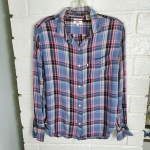 Levi's Button Up Shirt Womens Size Small Boyfriend Fit Blue Plaid Sample